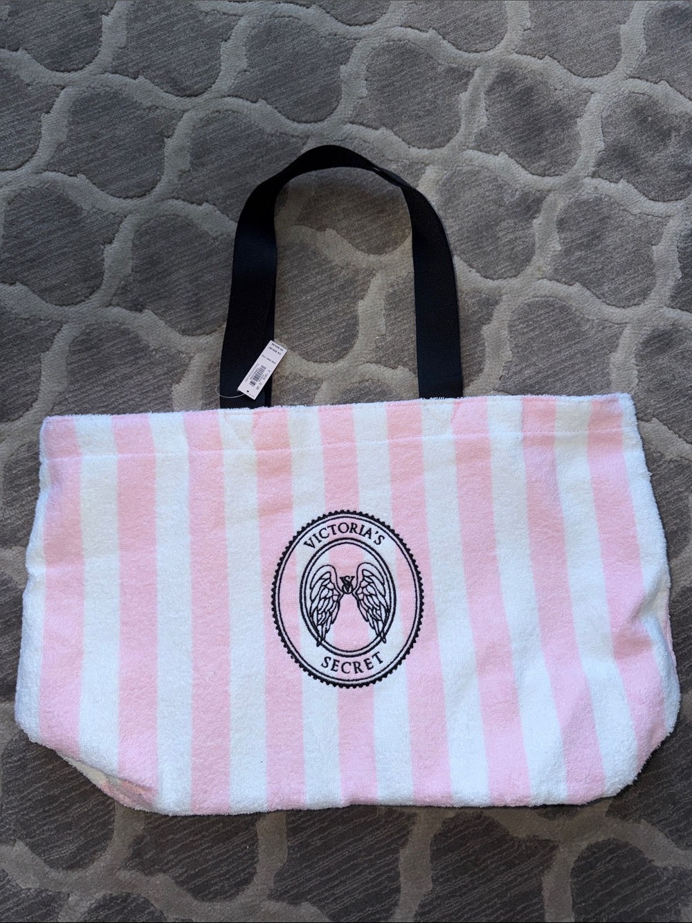 Victoria's Secret Pink and White Striped Plush Tote with Black Handles
